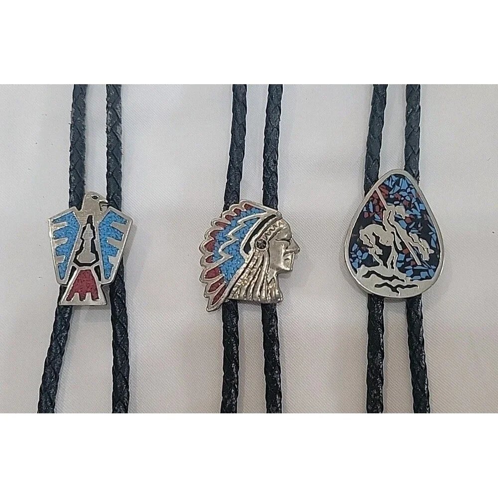 VTG Lot Of 3 Southwestern SSI Native American Bolo Tie w/Turquoise & Coral USA